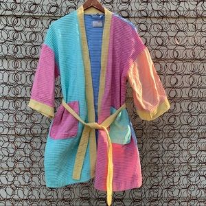 Vintage 80s Multicolor Turkish Cotton Waffle Knit Robe